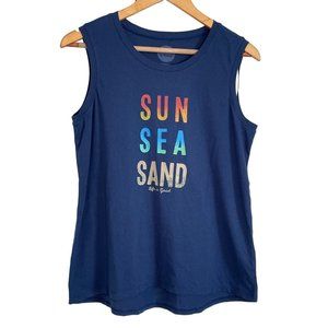 NWT Life is Good Womens Sz M Classic Fit Crew Neck Blue Sun Sea Sand Tank Top